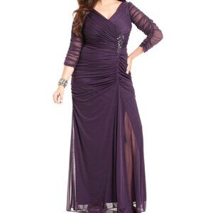 Adrianna Papell Plus Size Three-Quarter-Sleeve Ruched Gown in Aubergine
